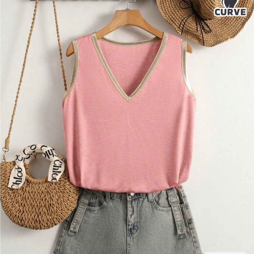 Pink Sleeveless V-Neck Top Gold Trim